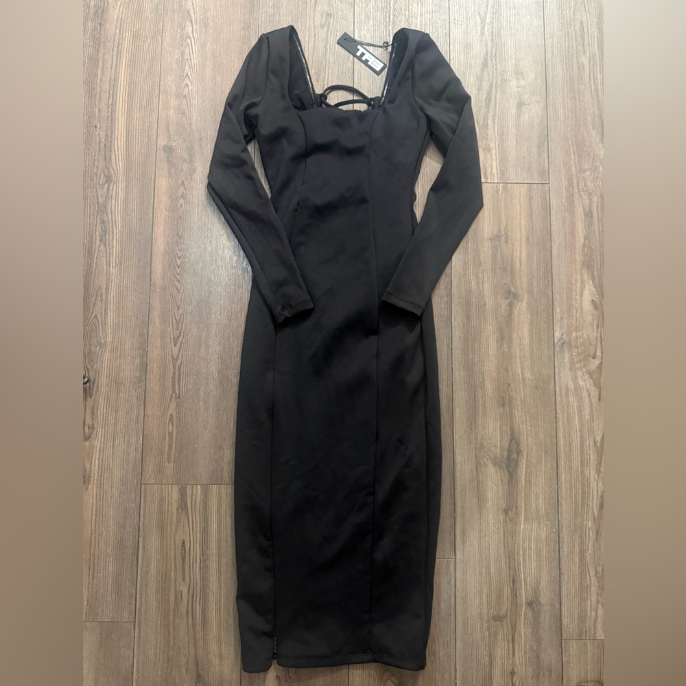 TA3 Squarey Corset Midi Dress XS Black Long Sleeve Snatched Lace Back NWT